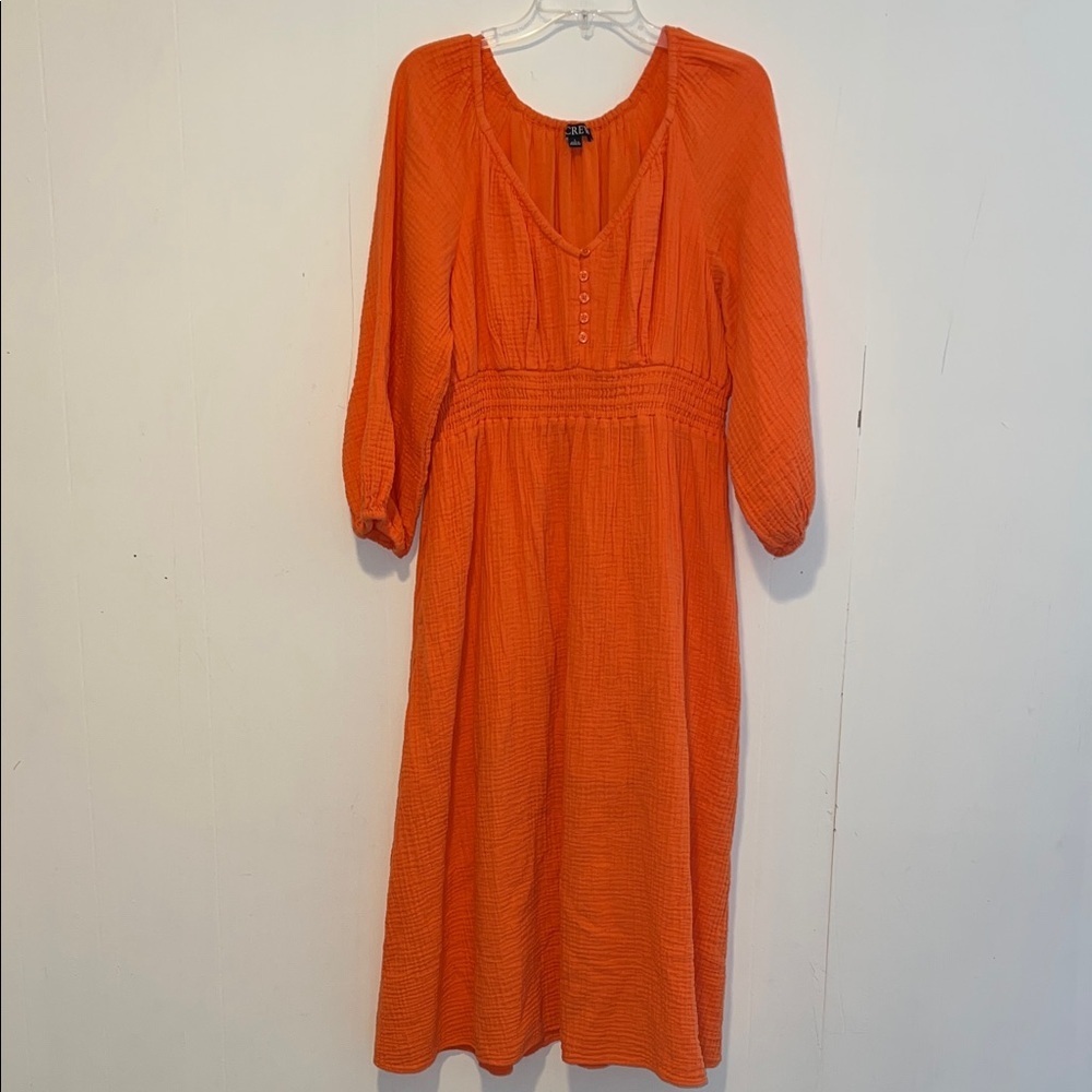 J. Crew Vibrant Orange V-neck Cotton Elastic Waist Midi Dress 03132613